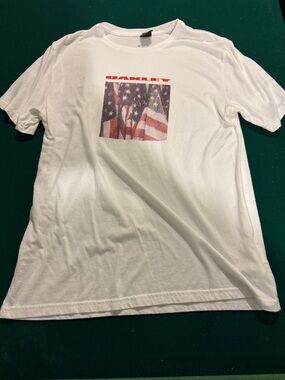 Oakley White Short-Sleeve Tee with Red and Blue Flag Graphic